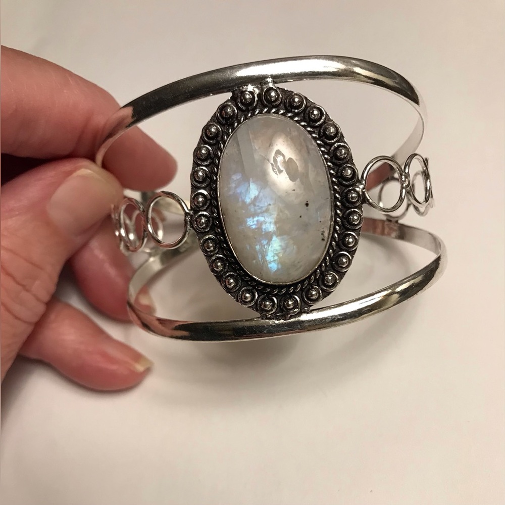 Moonstone Stamped 925 Sterling Silver Cuff Bracelet